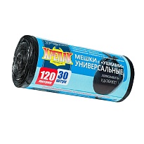 Мешки для мусора 120 л, с ушками, черные, в рулоне 30 шт., ПНД, 15 мкм, 1100х700 мм, Крепак, 4607075710375 в Муроме