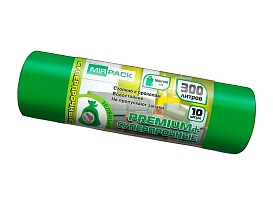 Мешки для мусора 300 л, зеленые, в рулоне 10 шт., ПВД 70 мкм, 1400х1000 мм, PREMIUM+, 300101601 в Муроме